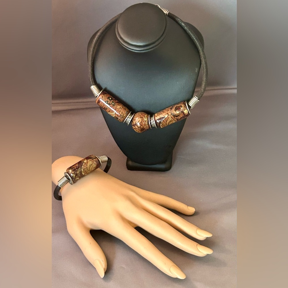 Vintage  Black Leather Necklace With Ceramic Orange Beads & matching bracelet